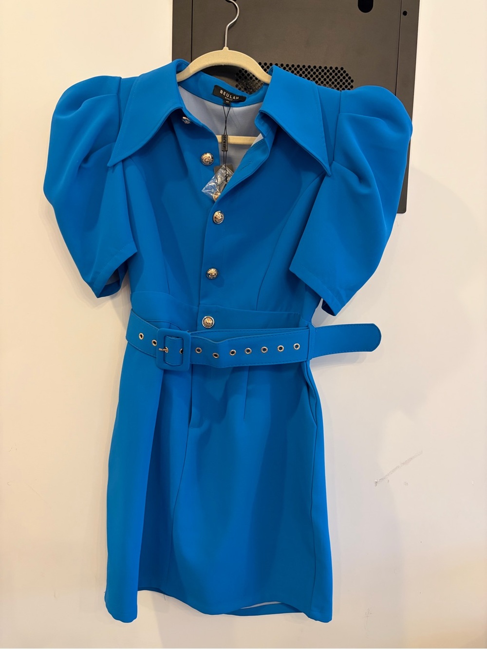 Beulah Bright Blue Puff-Sleeve Belted Dress